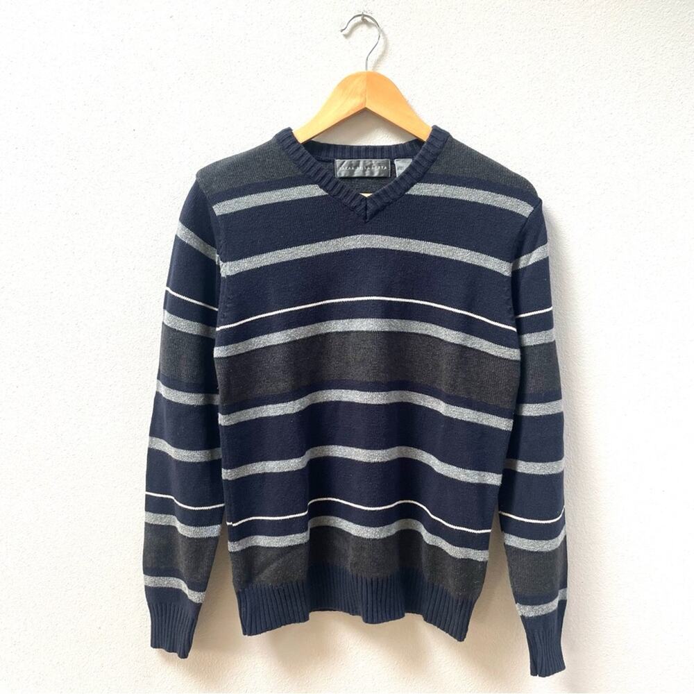 Oscar De La Renta Navy & Gray V-Neck Striped Knit Pullover Sweater, Men's Small